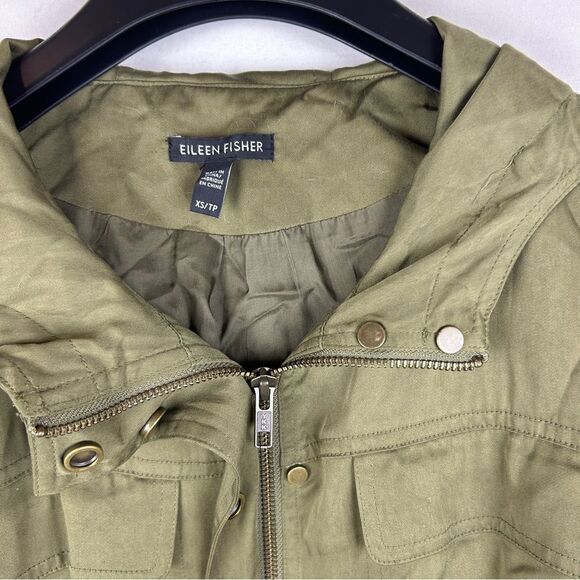 Eileen Fisher army green olive utility long hooded jacket size XS - Picture 4 of 9